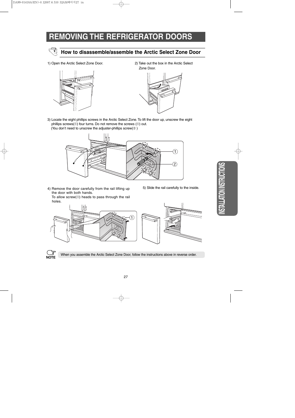 Inst alla tion instr uctions, Removing the refrigerator doors | Samsung RM257ABRS-XAA User Manual | Page 27 / 40