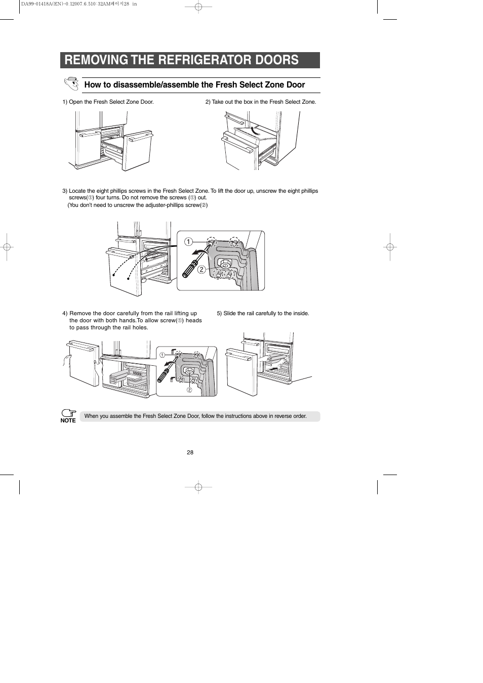 Removing the refrigerator doors | Samsung RM257ABRS-XAA User Manual | Page 28 / 40