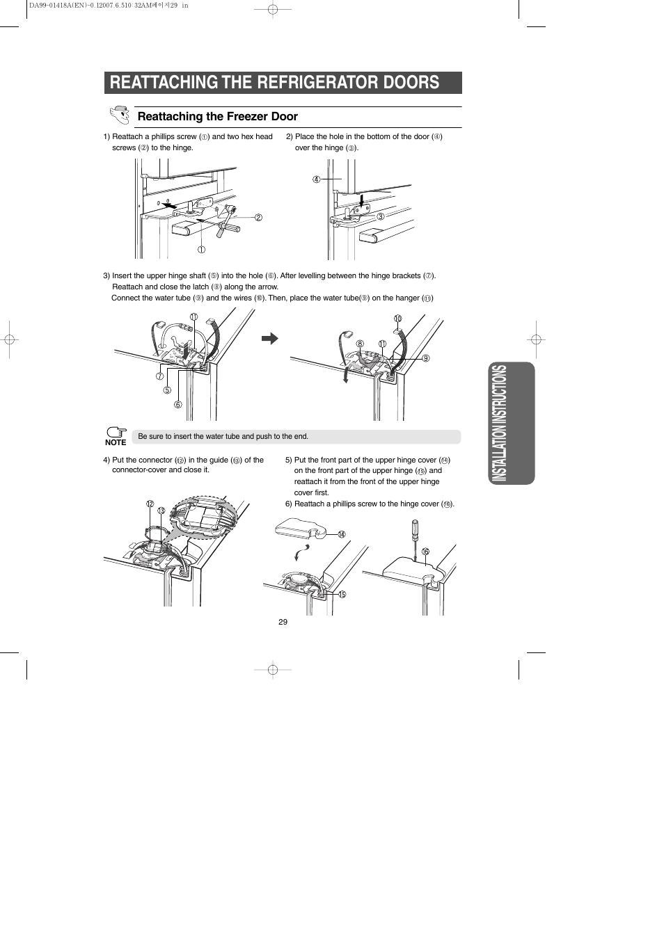 Reattaching the refrigerator doors, Inst alla tion instr uctions | Samsung RM257ABRS-XAA User Manual | Page 29 / 40