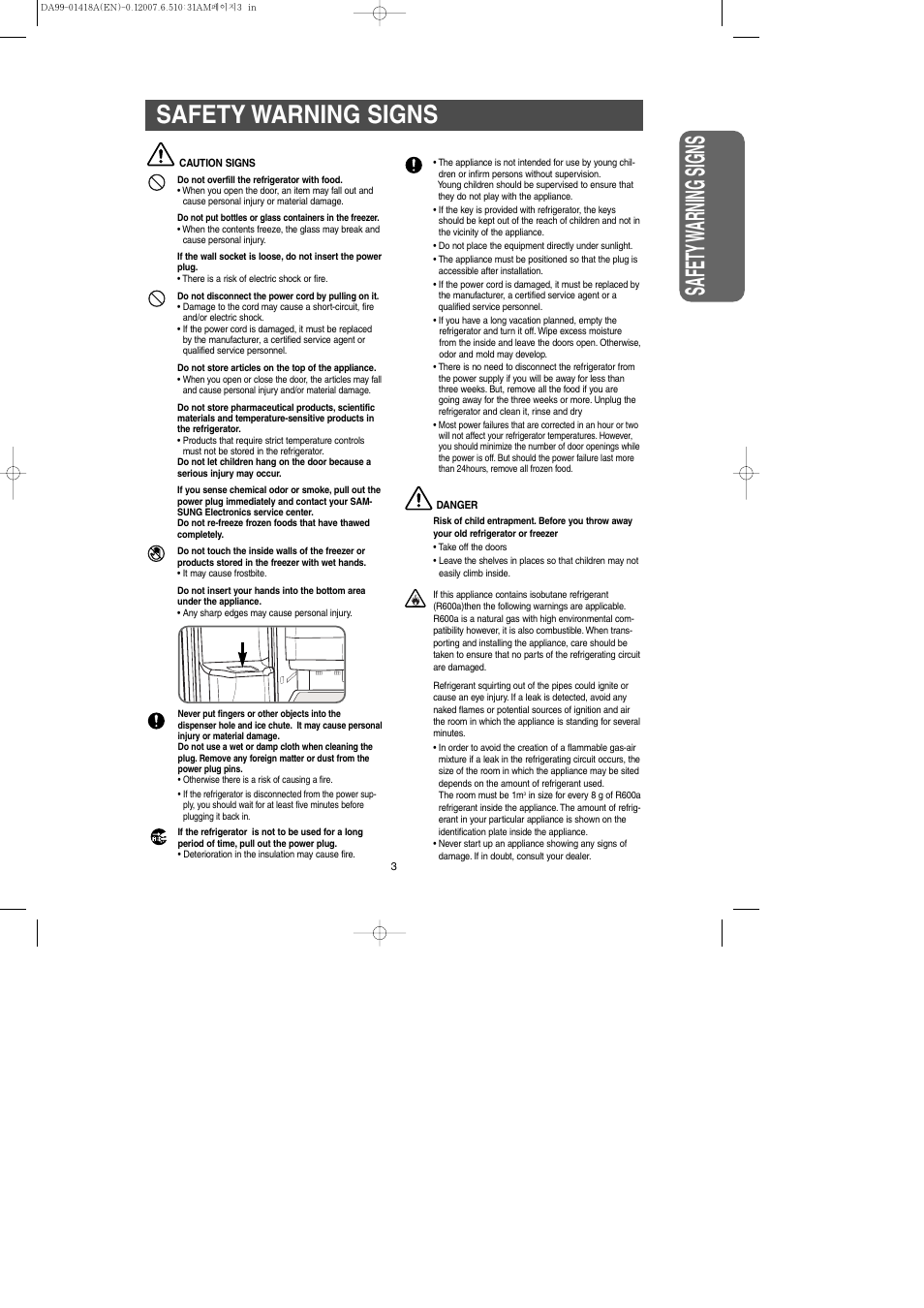 Safety w arning signs, Safety warning signs | Samsung RM257ABRS-XAA User Manual | Page 3 / 40