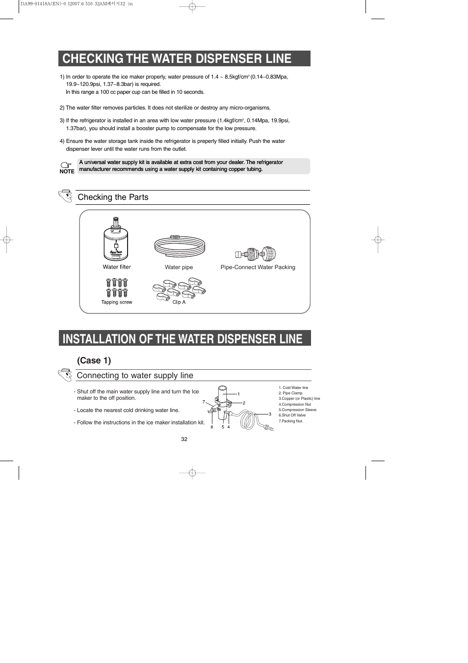 Checking the water dispenser line, Installation of the water dispenser line, Case 1) | Checking the parts, Connecting to water supply line | Samsung RM257ABRS-XAA User Manual | Page 32 / 40