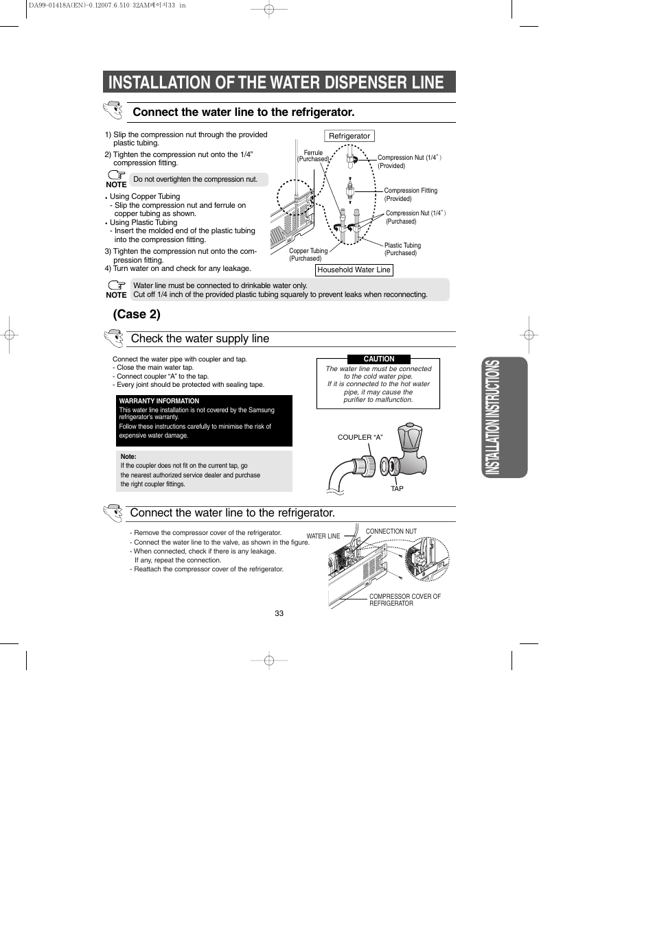 Inst alla tion instr uctions, Installation of the water dispenser line, Case 2) | Connect the water line to the refrigerator | Samsung RM257ABRS-XAA User Manual | Page 33 / 40