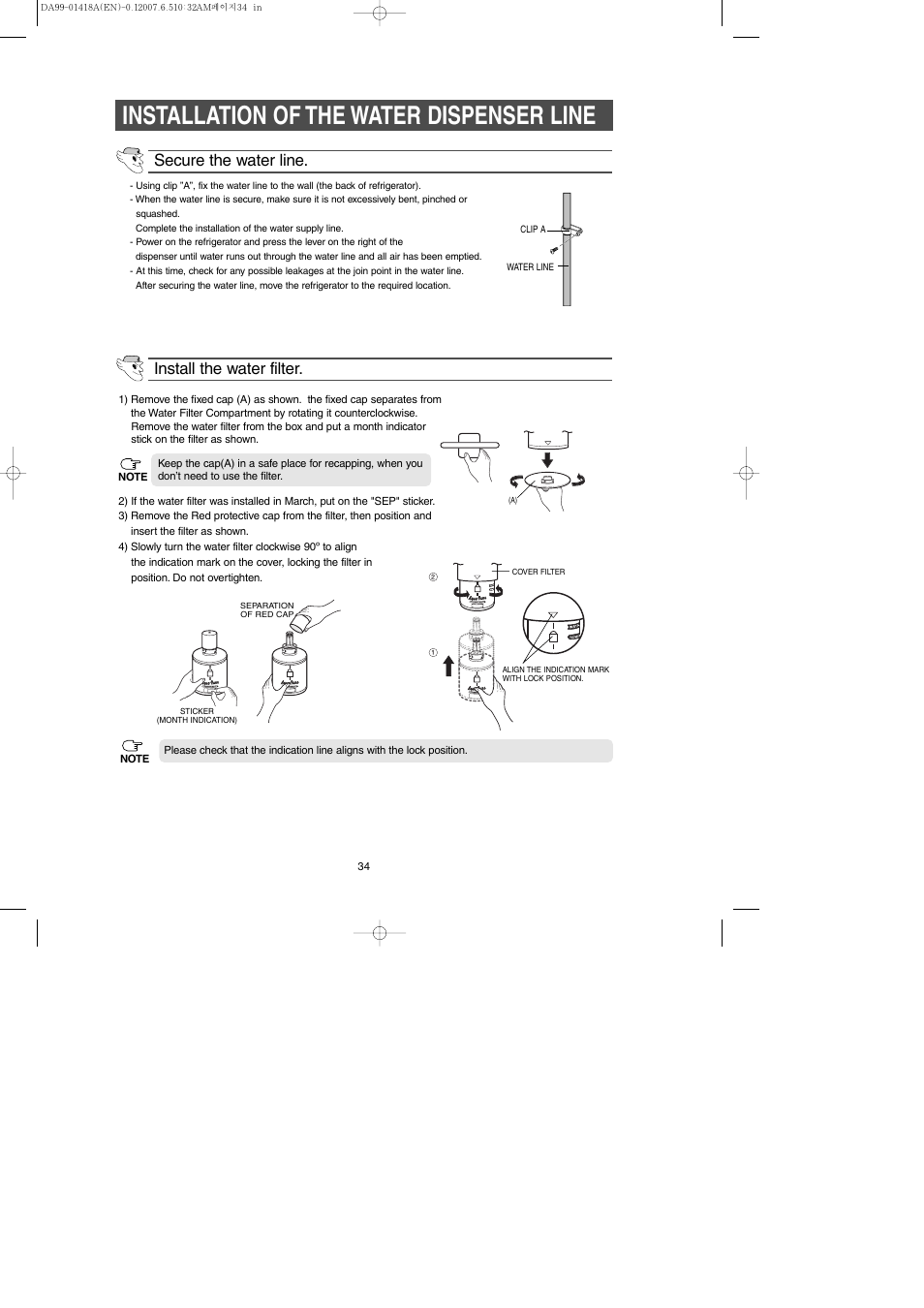Installation of the water dispenser line, Secure the water line, Install the water filter | Samsung RM257ABRS-XAA User Manual | Page 34 / 40