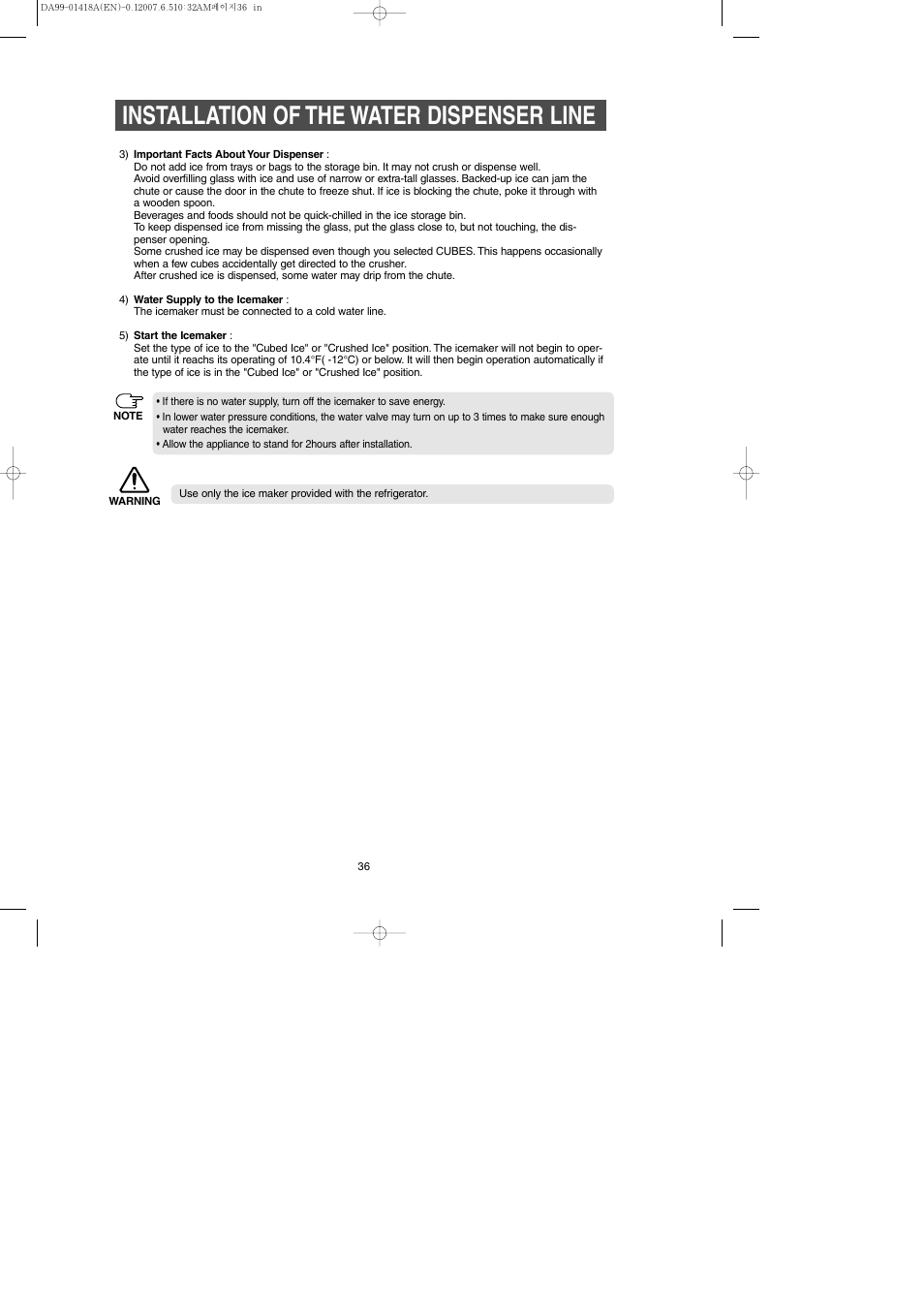 Installation of the water dispenser line | Samsung RM257ABRS-XAA User Manual | Page 36 / 40