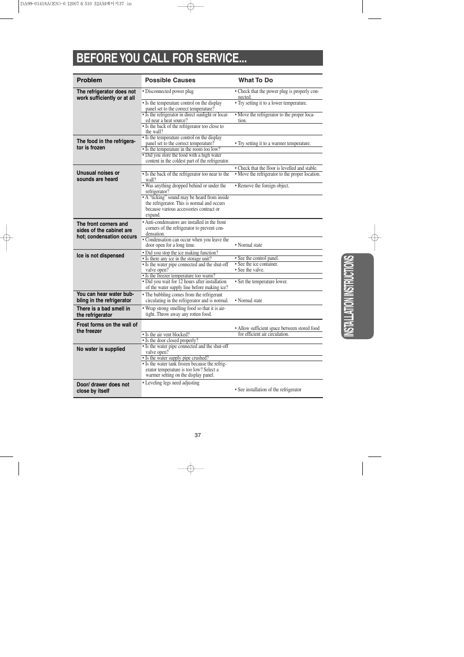 Before you call for service, Inst alla tion instr uctions | Samsung RM257ABRS-XAA User Manual | Page 37 / 40