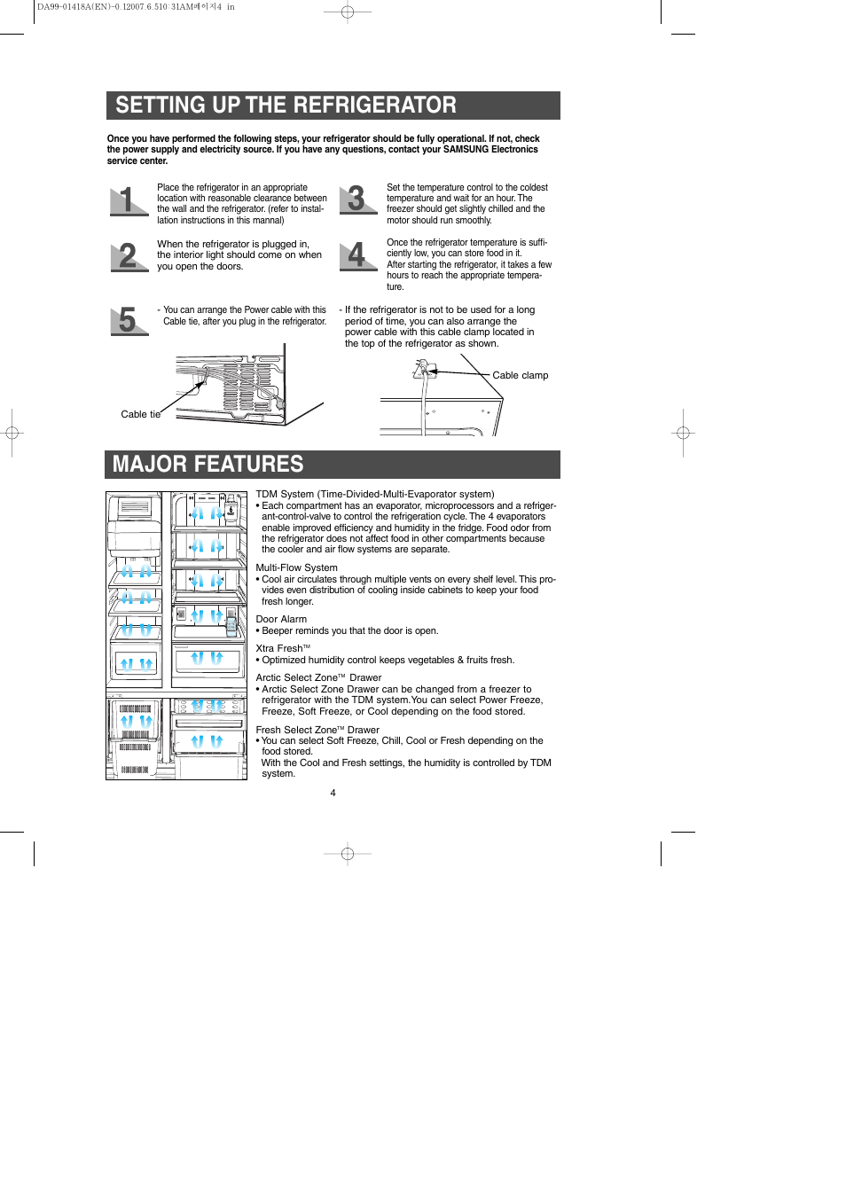 Setting up the refrigerator, Major features | Samsung RM257ABRS-XAA User Manual | Page 4 / 40