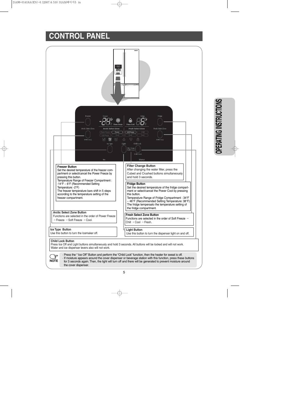 Control panel, Opera ting instr uctions | Samsung RM257ABRS-XAA User Manual | Page 5 / 40