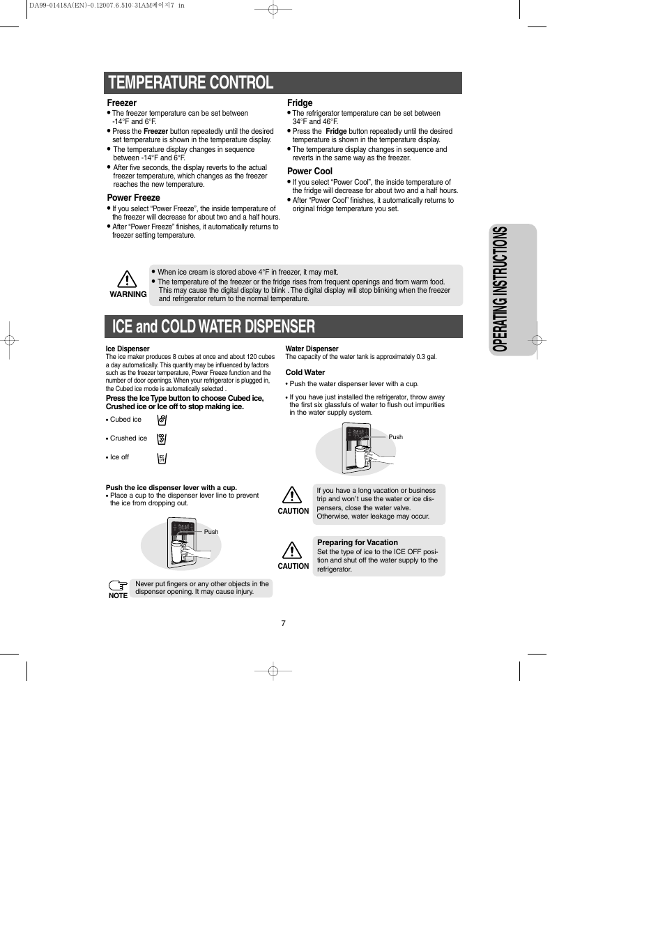 Temperature control, Ice and cold water dispenser, Opera ting instr uctions | Ice and cold water dispenser temperature control | Samsung RM257ABRS-XAA User Manual | Page 7 / 40