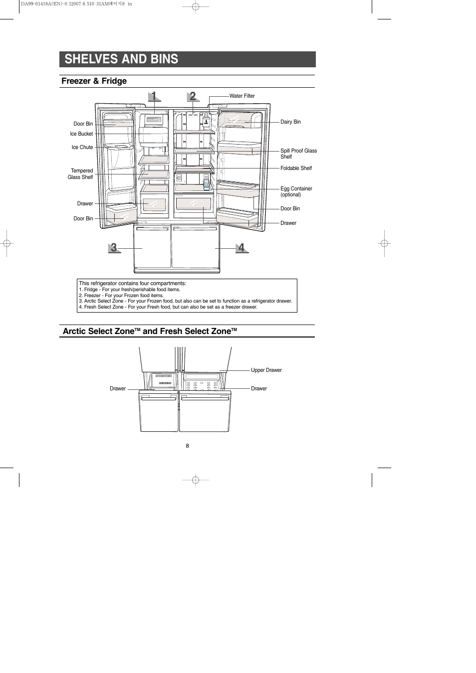 Shelves and bins, Freezer & fridge arctic select zone, And fresh select zone | Samsung RM257ABRS-XAA User Manual | Page 8 / 40
