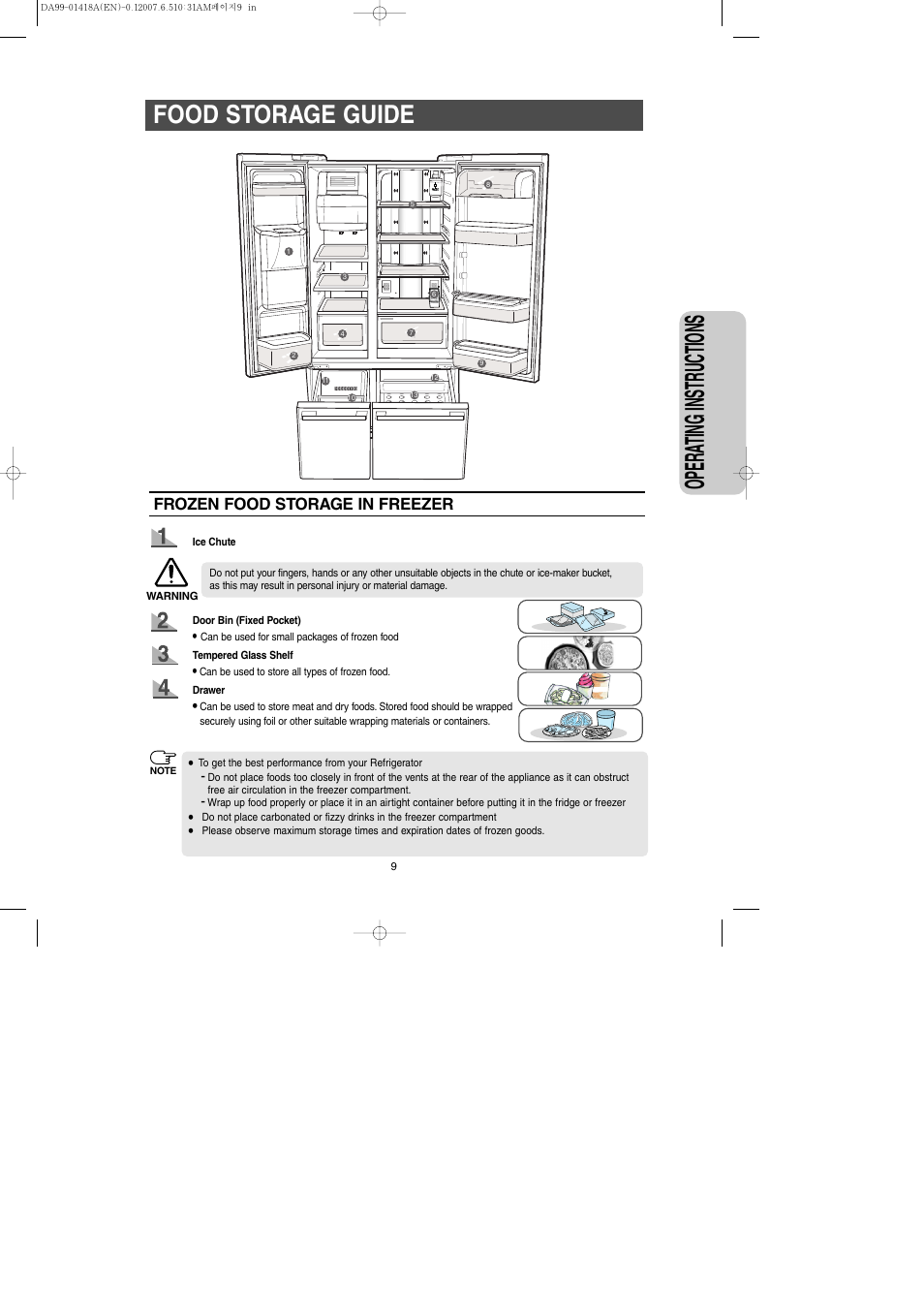 Food storage guide, Opera ting instr uctions, Frozen food storage in freezer | Samsung RM257ABRS-XAA User Manual | Page 9 / 40
