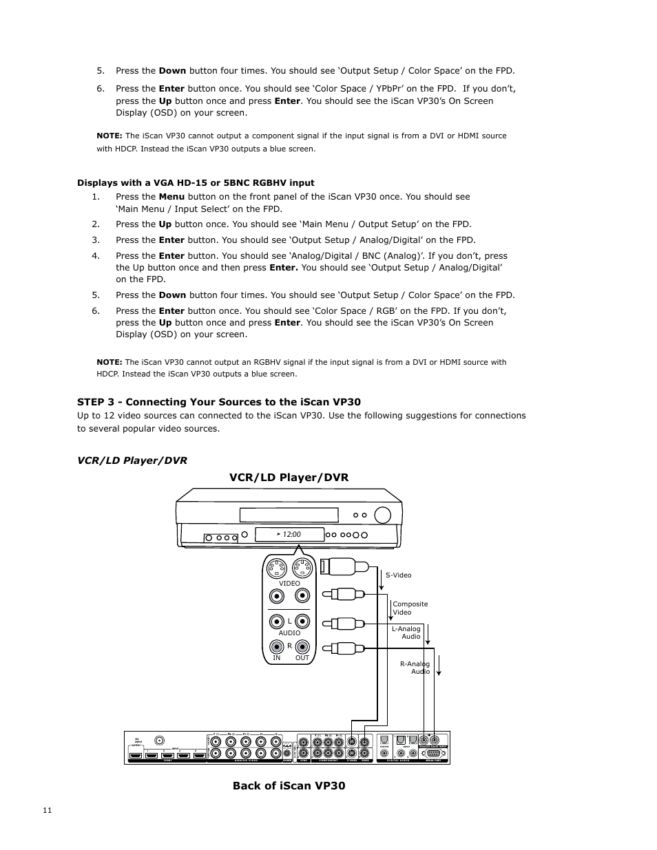 Back of iscan vp30, Step 3 - connecting your sources to the iscan vp30, Vcr/ld player/dvr | Abt VP30 User Manual | Page 15 / 49