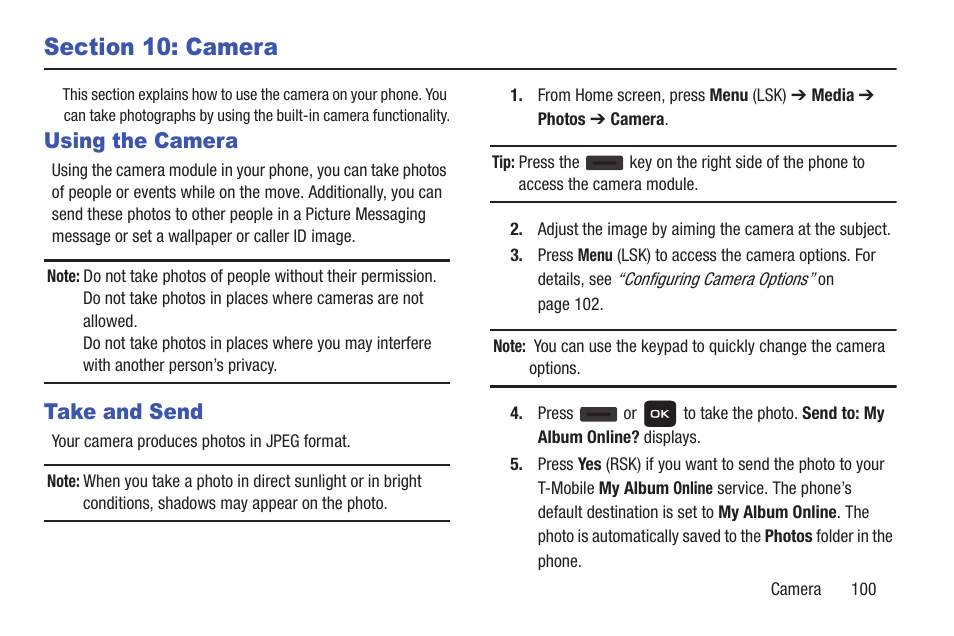 Section 10: camera, Using the camera, Take and send | Using the camera take and send | Samsung SGH-T159YKBTMB User Manual | Page 105 / 173