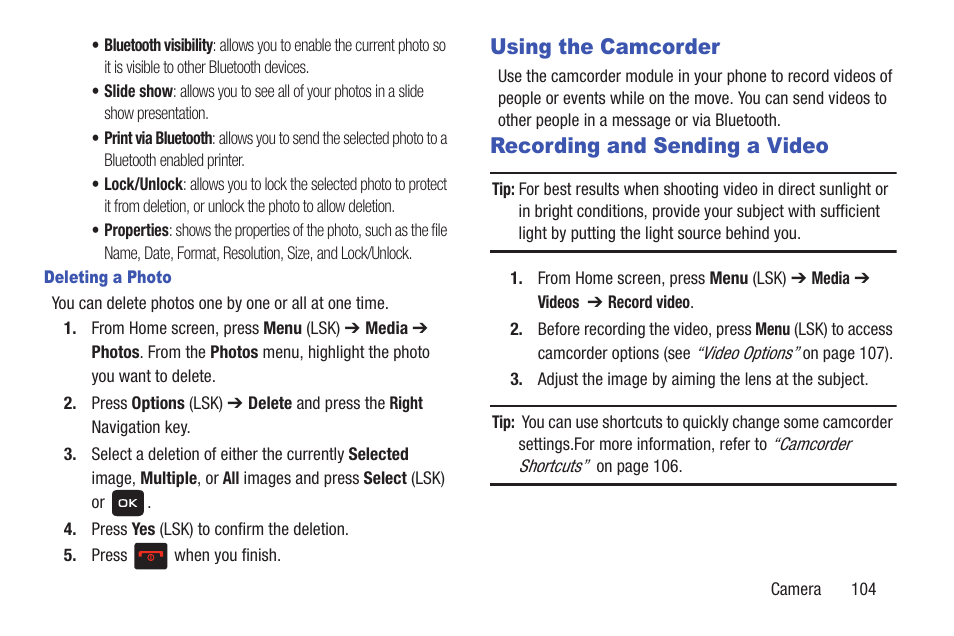 Using the camcorder, Recording and sending a video, Using the camcorder recording and sending a video | A video, see, Recording and, Sending a video | Samsung SGH-T159YKBTMB User Manual | Page 109 / 173