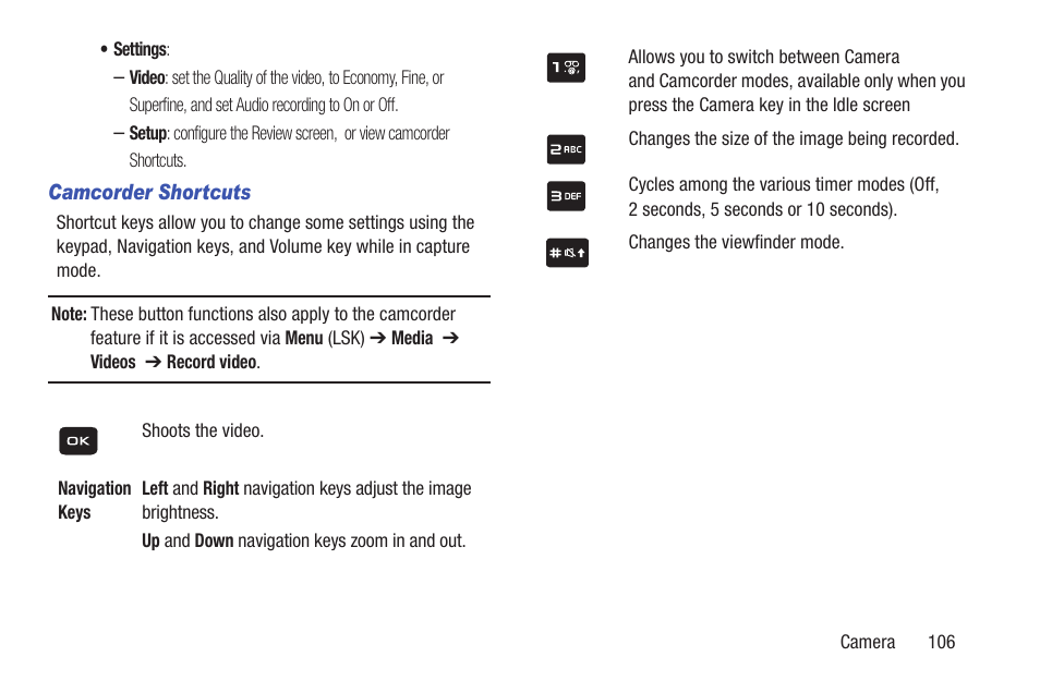 For more information, refer to, Camcorder, Shortcuts | Samsung SGH-T159YKBTMB User Manual | Page 111 / 173