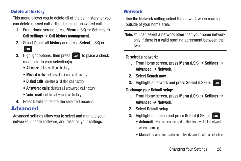 Advanced | Samsung SGH-T159YKBTMB User Manual | Page 133 / 173