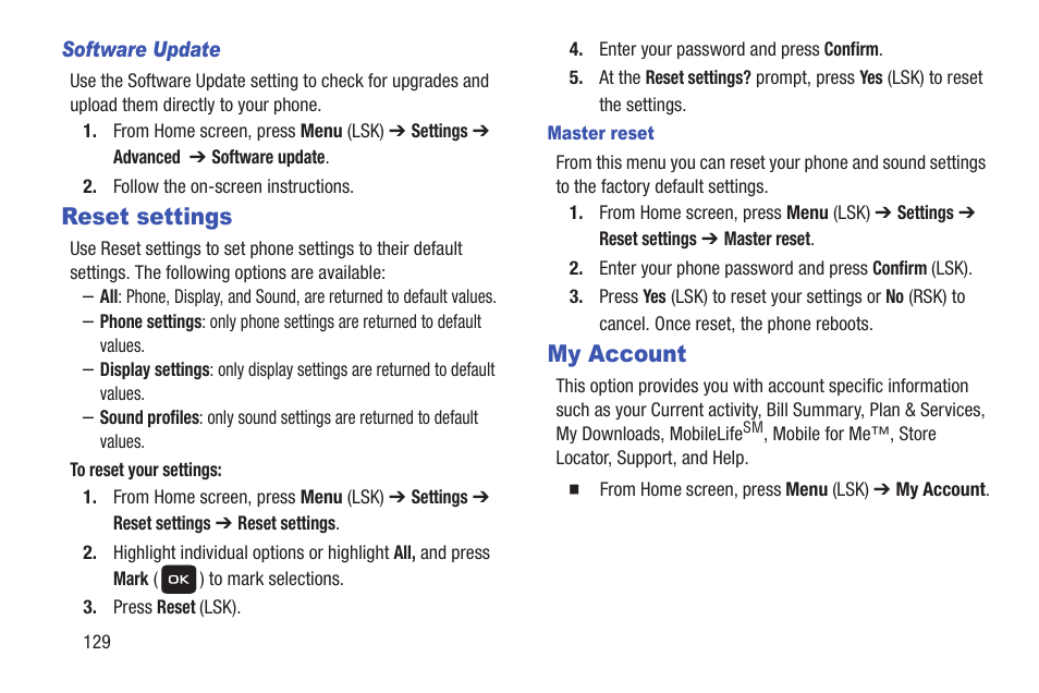 Reset settings, My account, Reset settings my account | Samsung SGH-T159YKBTMB User Manual | Page 134 / 173