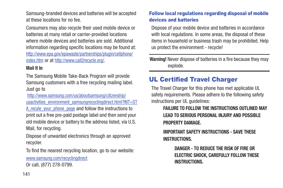 Ul certified travel charger | Samsung SGH-T159YKBTMB User Manual | Page 146 / 173