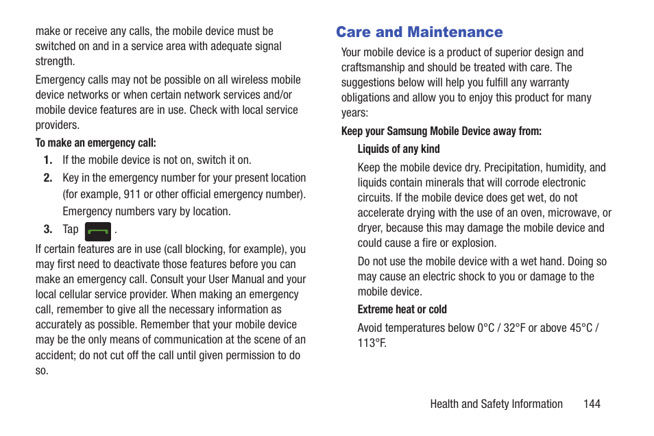 Care and maintenance | Samsung SGH-T159YKBTMB User Manual | Page 149 / 173