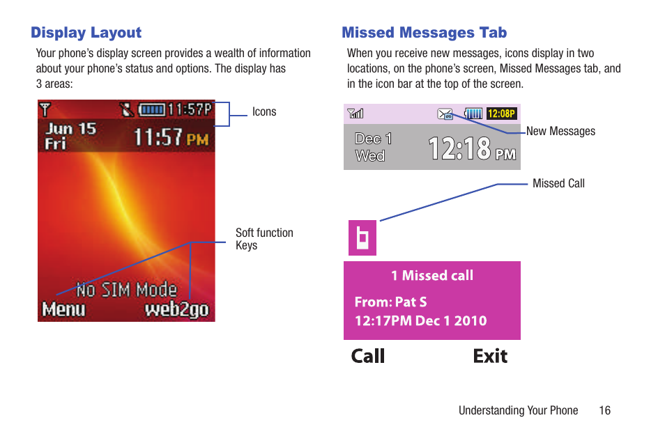 Display layout, Missed messages tab, Display layout missed messages tab | Samsung SGH-T159YKBTMB User Manual | Page 21 / 173