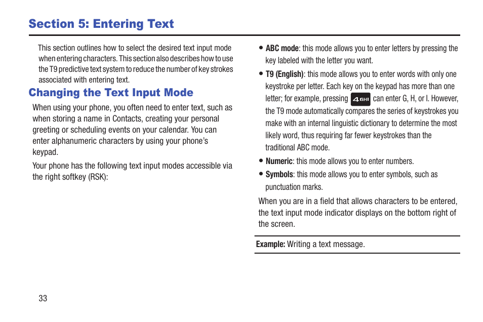 Section 5: entering text, Changing the text input mode | Samsung SGH-T159YKBTMB User Manual | Page 38 / 173