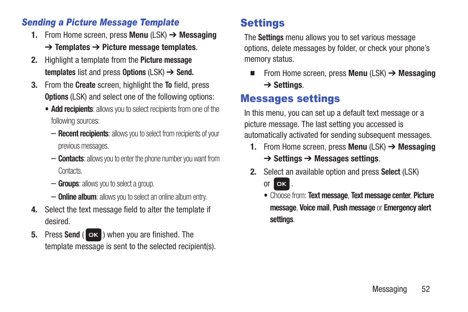 Settings, Messages settings, Settings messages settings | Samsung SGH-T159YKBTMB User Manual | Page 57 / 173