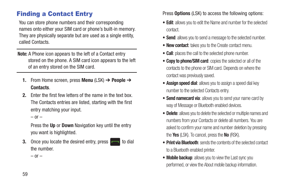 Finding a contact entry, E, see, Finding a | Contact entry | Samsung SGH-T159YKBTMB User Manual | Page 64 / 173