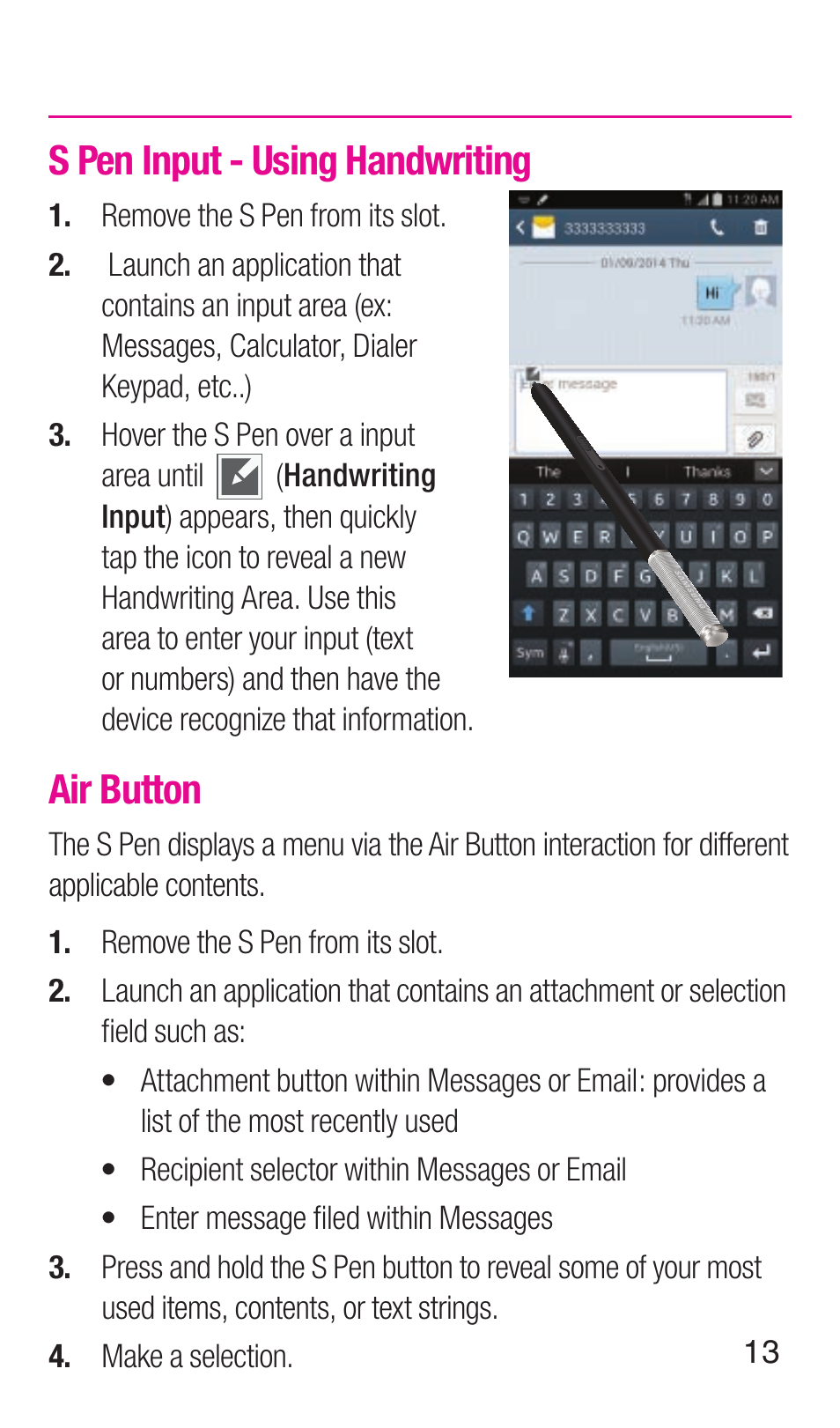 S pen input - using handwriting, Air button | Samsung SM-N900TZWETMB User Manual | Page 14 / 35