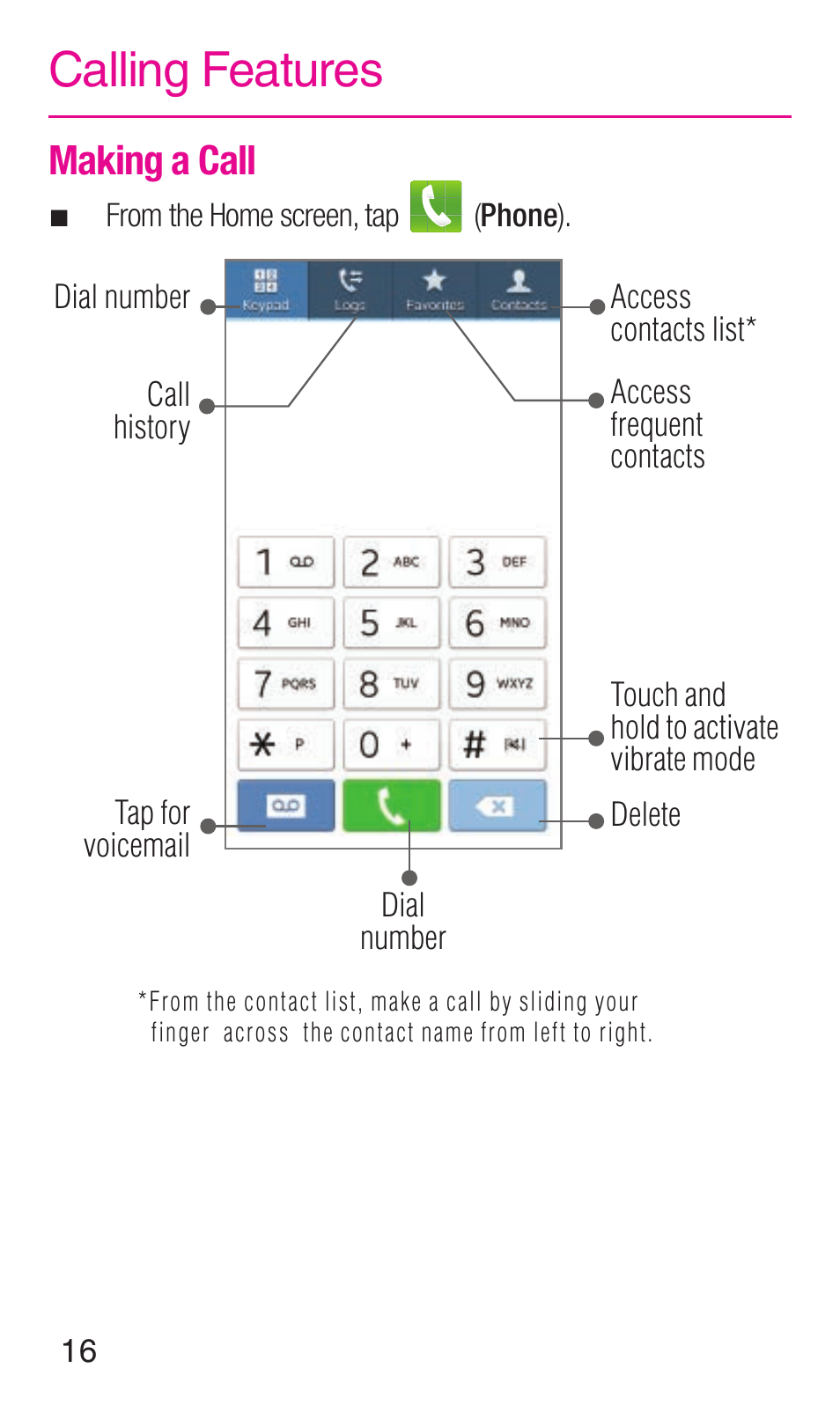 Calling features, Making a call | Samsung SM-N900TZWETMB User Manual | Page 17 / 35