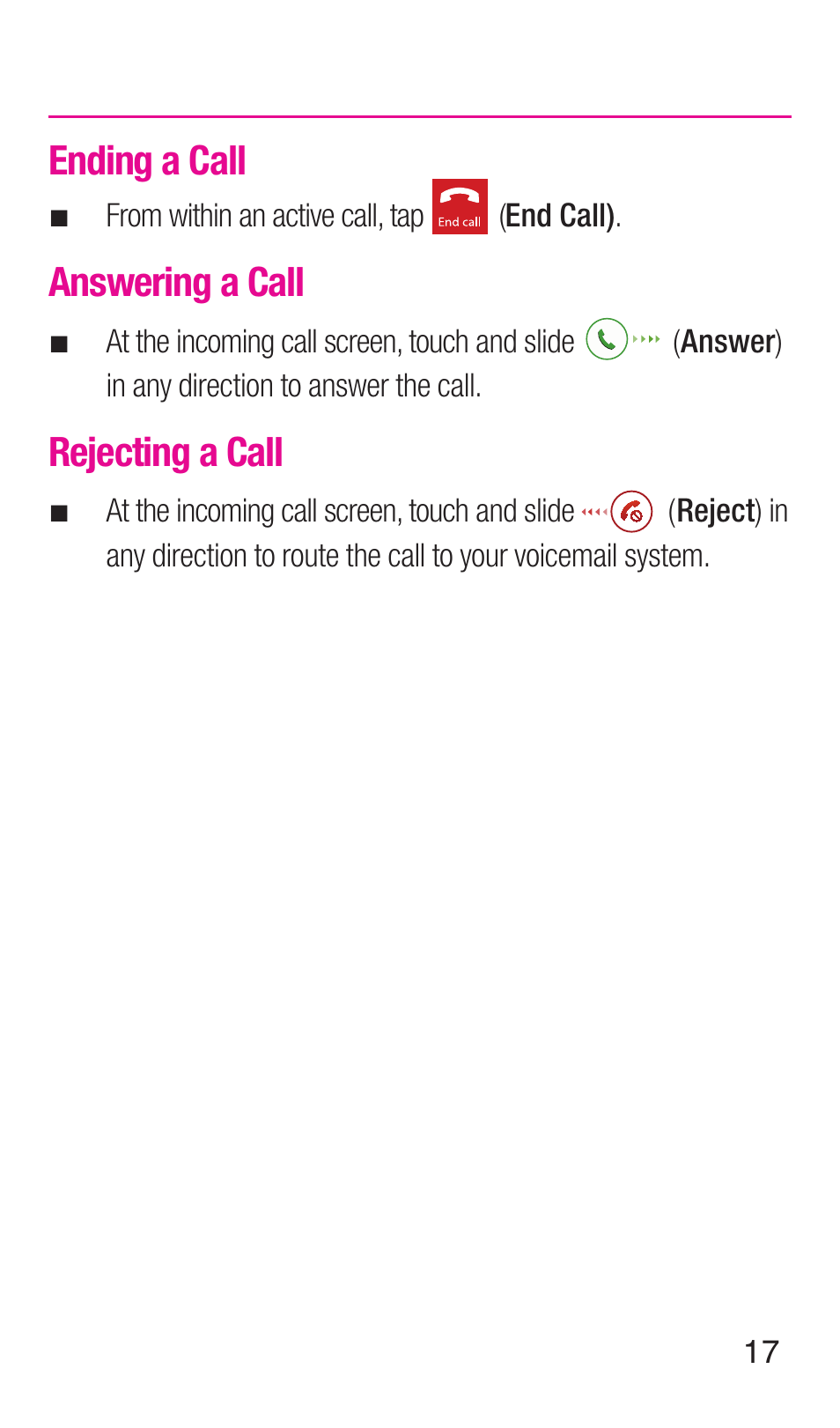 Ending a call, Answering a call, Rejecting a call | Samsung SM-N900TZWETMB User Manual | Page 18 / 35