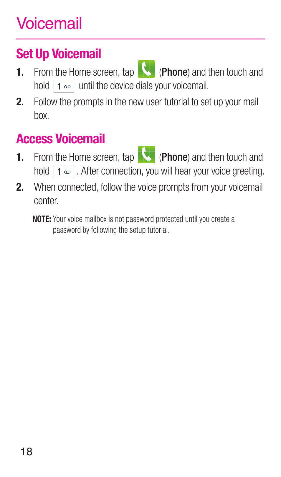 Voicemail, Set up voicemail, Access voicemail | Samsung SM-N900TZWETMB User Manual | Page 19 / 35