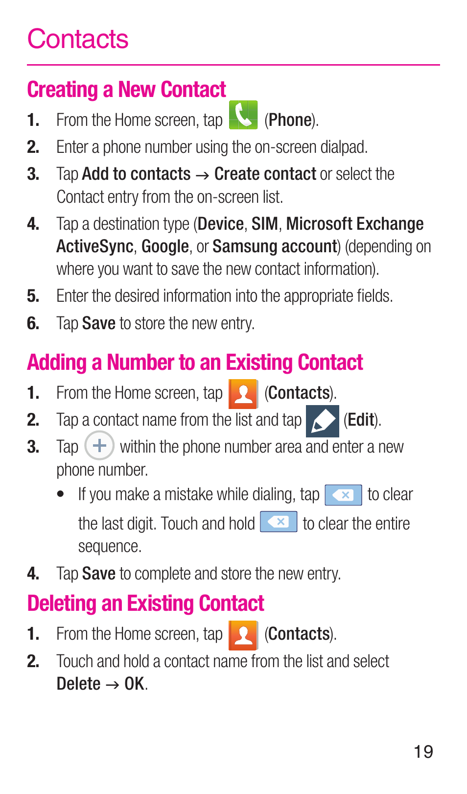 Contacts, Creating a new contact, Adding a number to an existing contact | Deleting an existing contact | Samsung SM-N900TZWETMB User Manual | Page 20 / 35