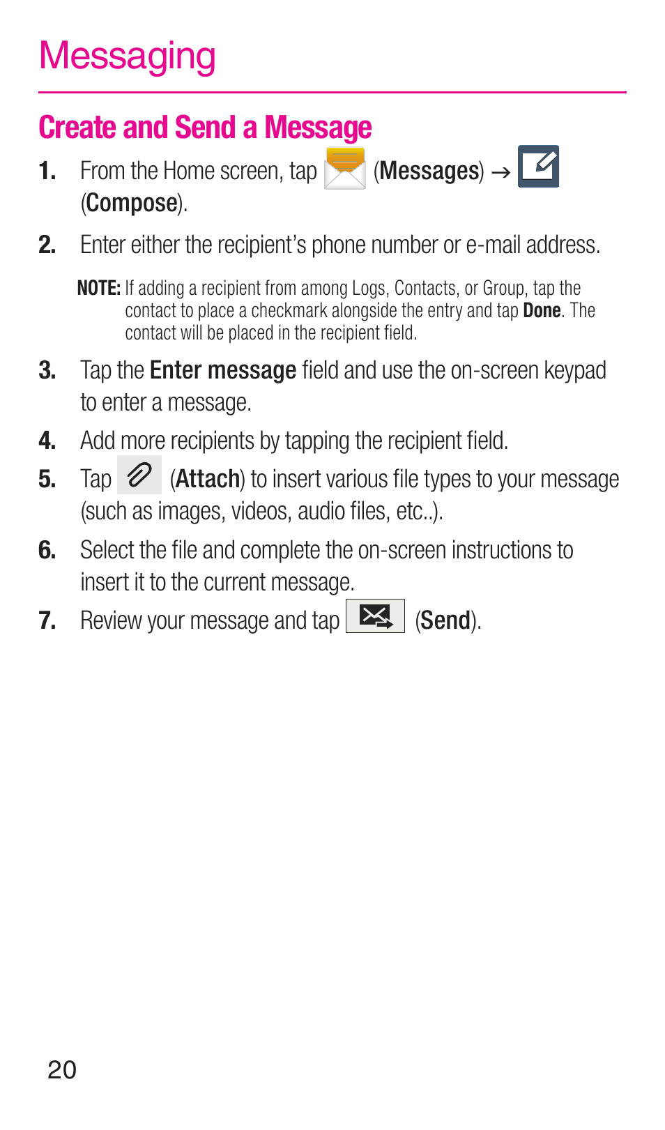 Messaging, Create and send a message | Samsung SM-N900TZWETMB User Manual | Page 21 / 35