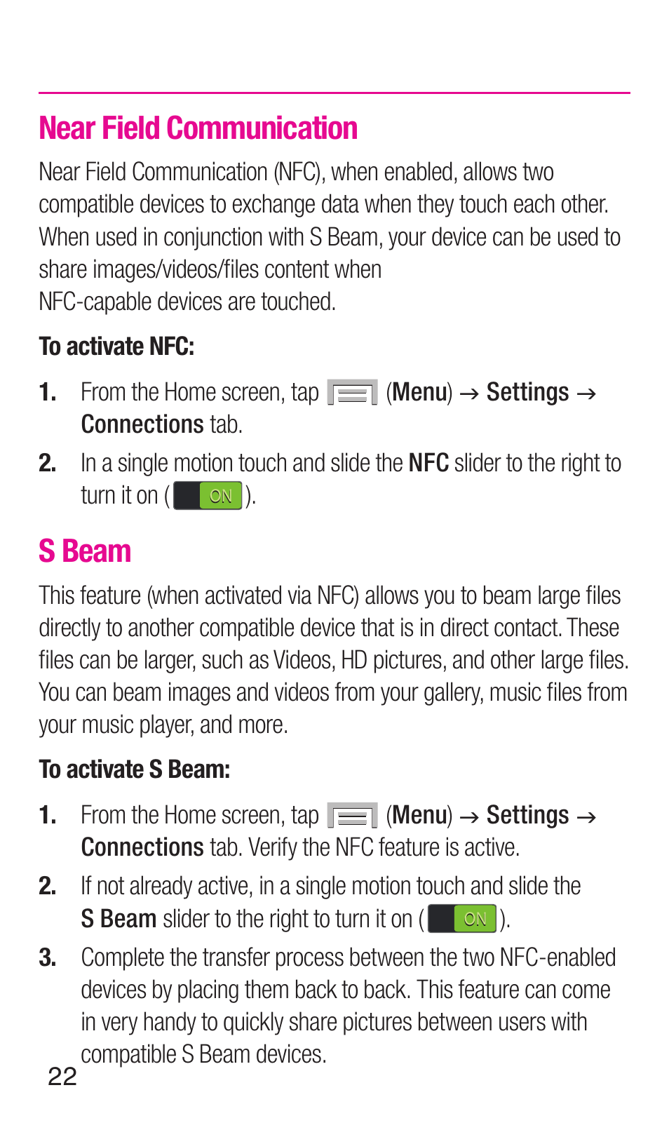 Near field communication, S beam | Samsung SM-N900TZWETMB User Manual | Page 23 / 35