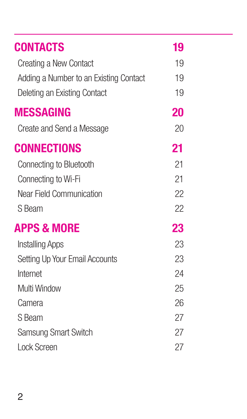 Contacts 19, Messaging 20, Connections 21 | Apps & more 23 | Samsung SM-N900TZWETMB User Manual | Page 3 / 35