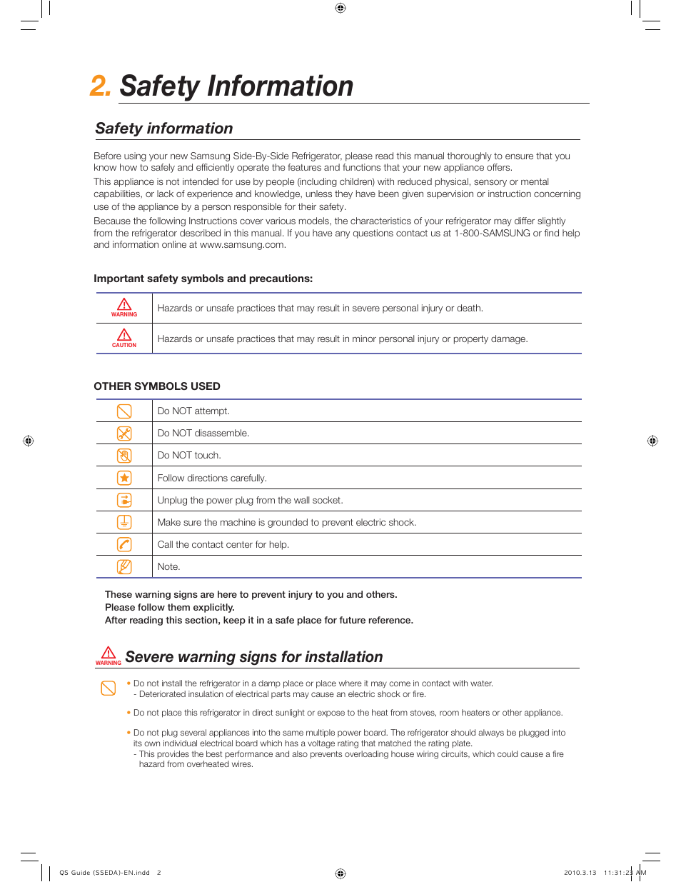 Safety information, Severe warning signs for installation | Samsung RS265TDBP-XAA User Manual | Page 2 / 10