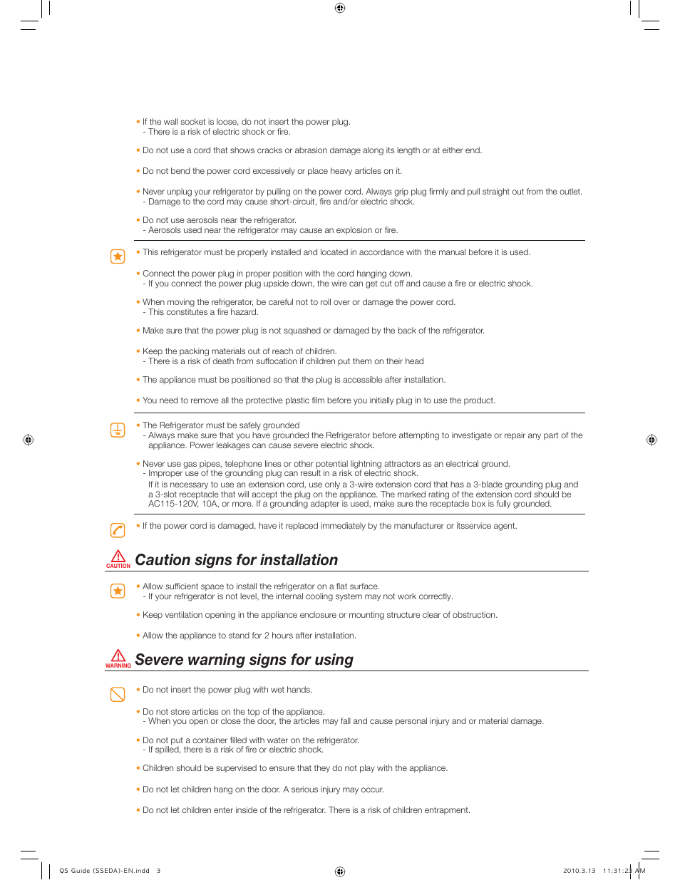 Caution signs for installation, Severe warning signs for using | Samsung RS265TDBP-XAA User Manual | Page 3 / 10