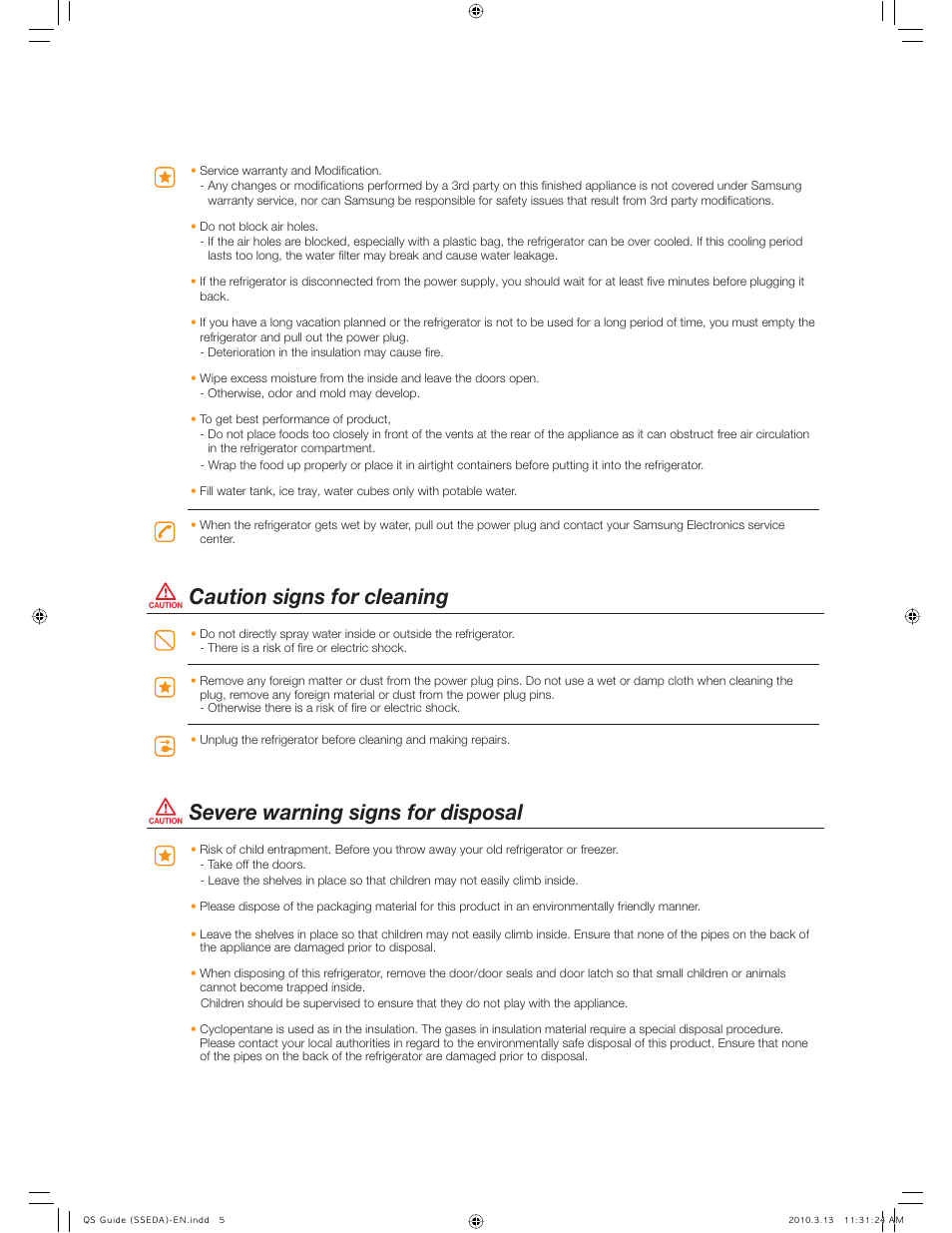 Caution signs for cleaning, Severe warning signs for disposal | Samsung RS265TDBP-XAA User Manual | Page 5 / 10