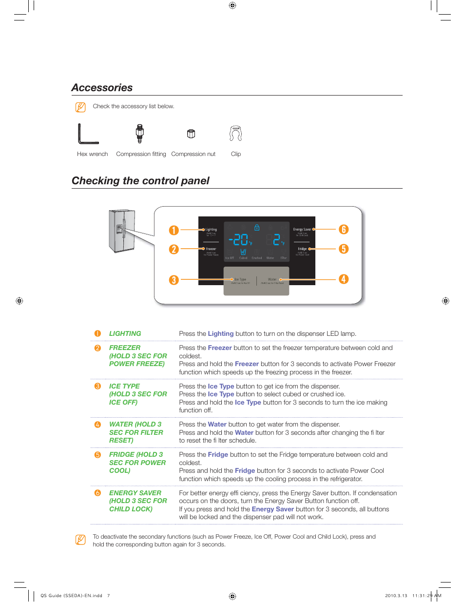 Accessories checking the control panel | Samsung RS265TDBP-XAA User Manual | Page 7 / 10