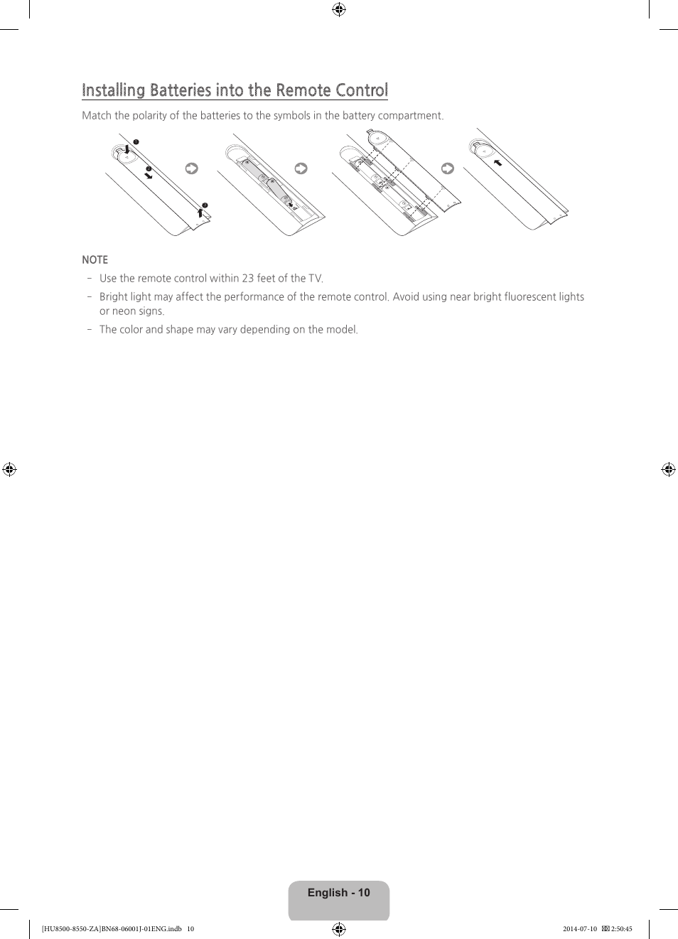Installing batteries into the remote control | Samsung UN85HU8550FXZA User Manual | Page 10 / 39