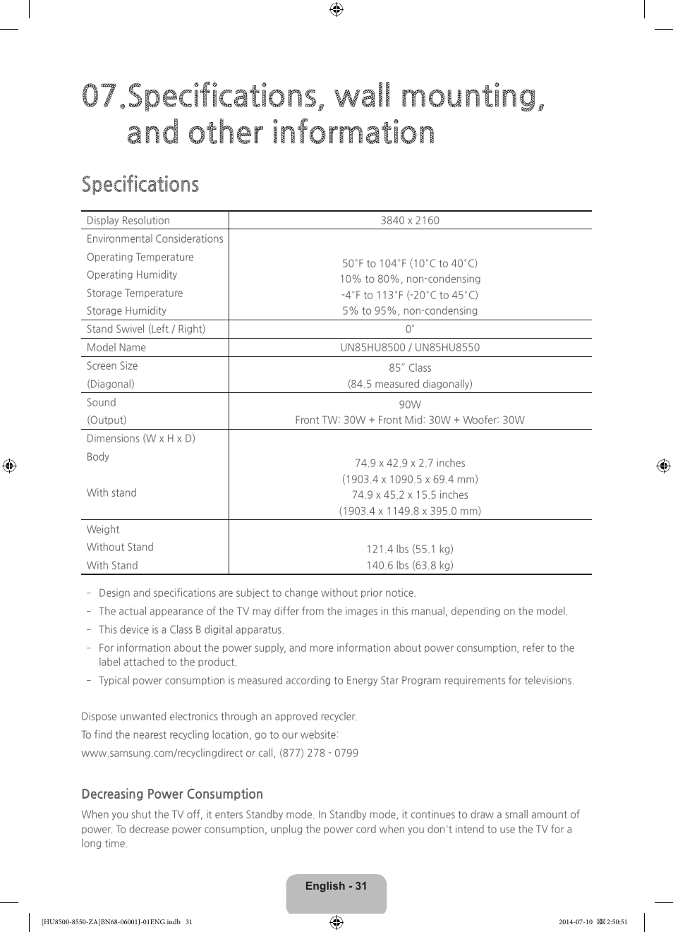 Specifications | Samsung UN85HU8550FXZA User Manual | Page 31 / 39