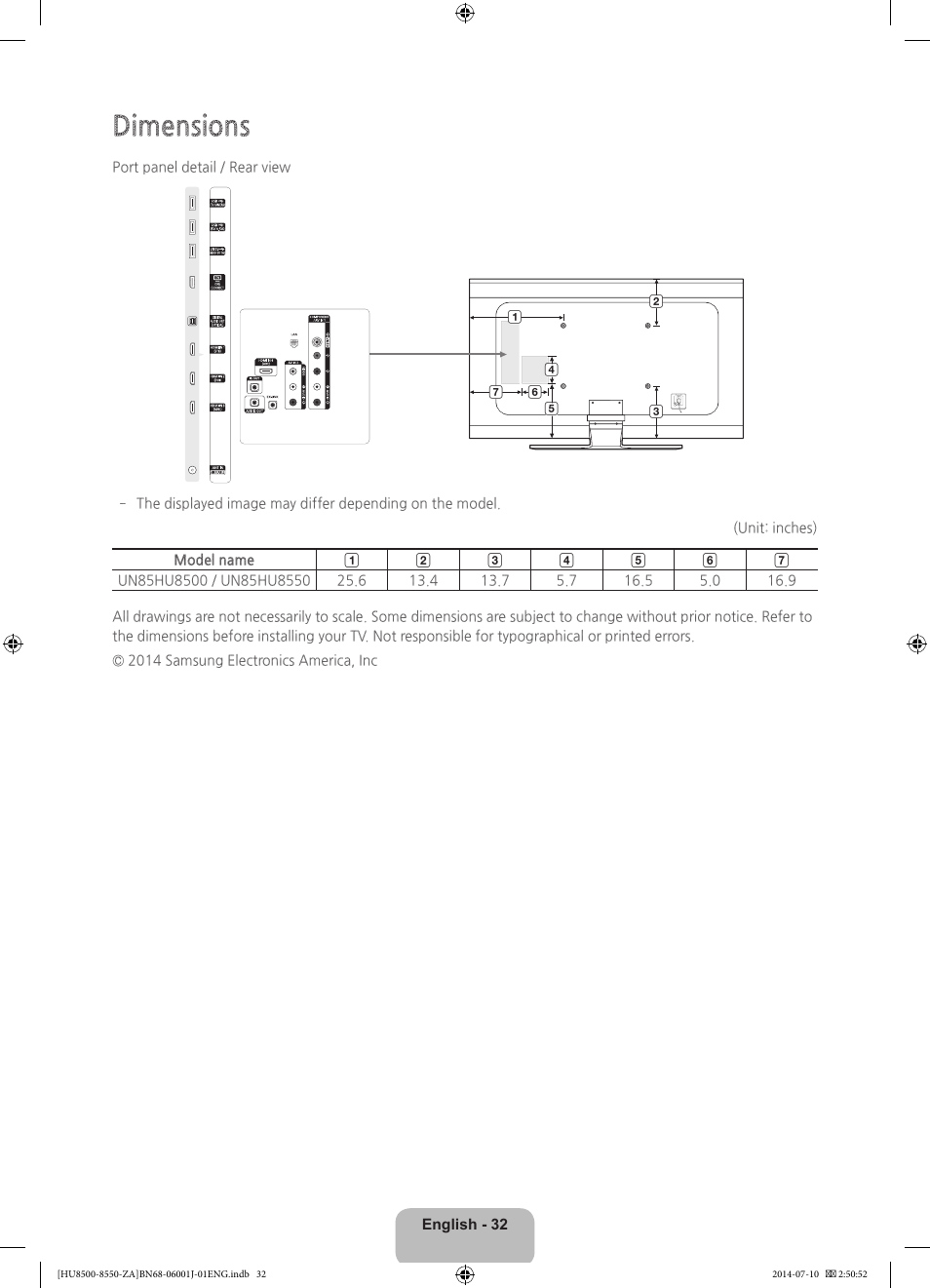 Dimensions | Samsung UN85HU8550FXZA User Manual | Page 32 / 39