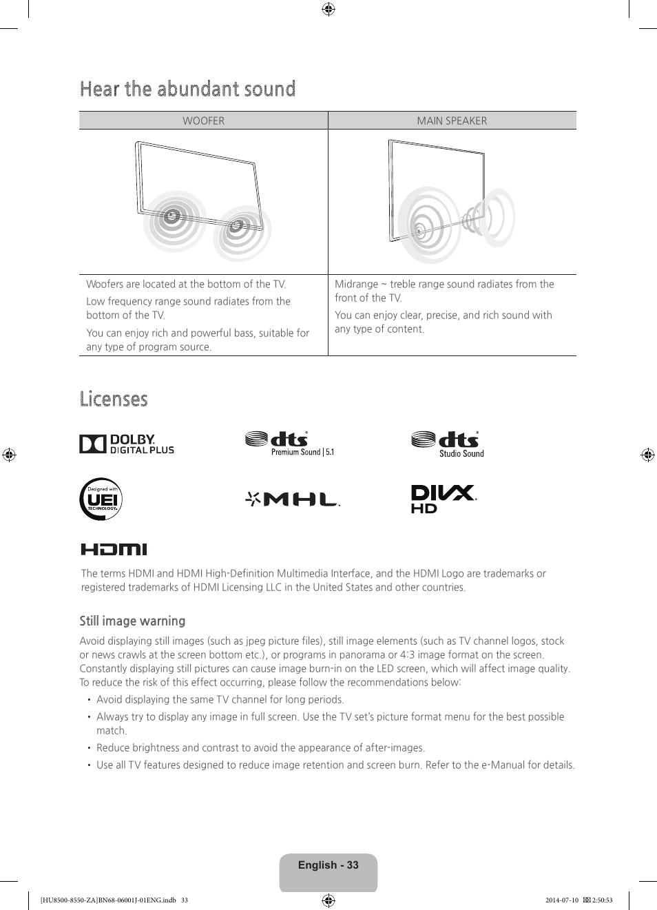 Hear the abundant sound, Licenses | Samsung UN85HU8550FXZA User Manual | Page 33 / 39