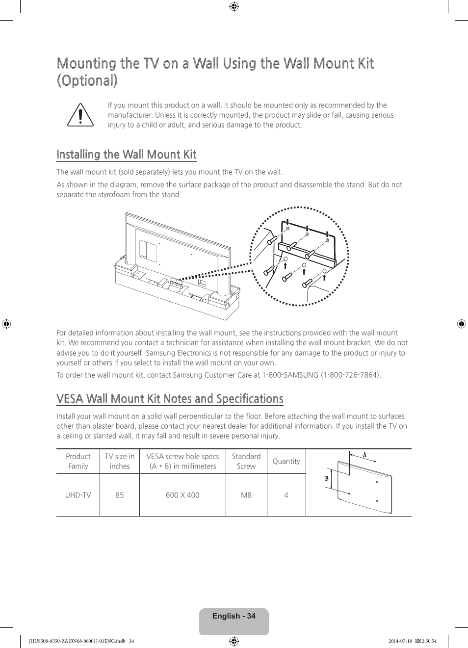 Installing the wall mount kit | Samsung UN85HU8550FXZA User Manual | Page 34 / 39