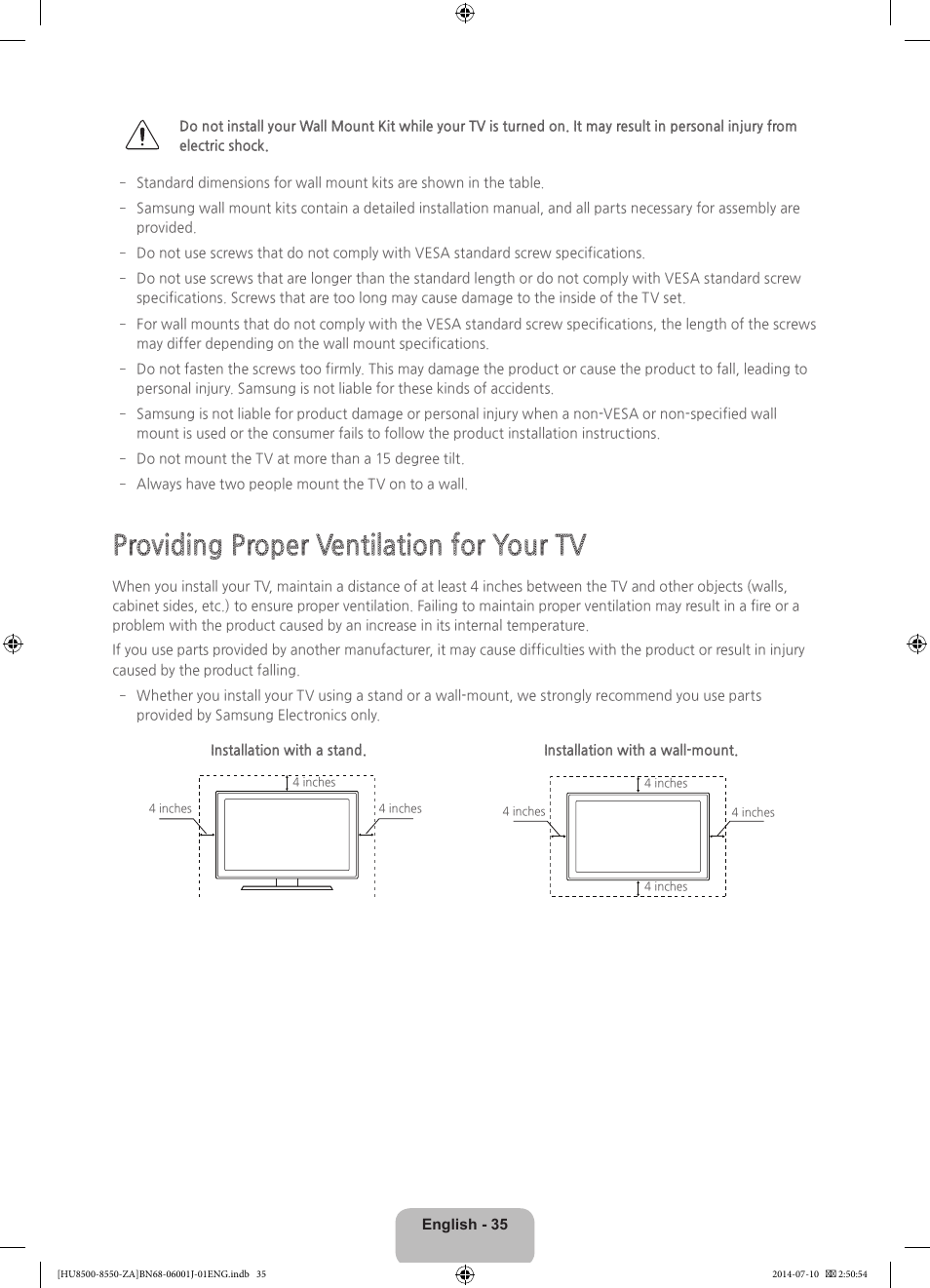 Providing proper ventilation for your tv | Samsung UN85HU8550FXZA User Manual | Page 35 / 39