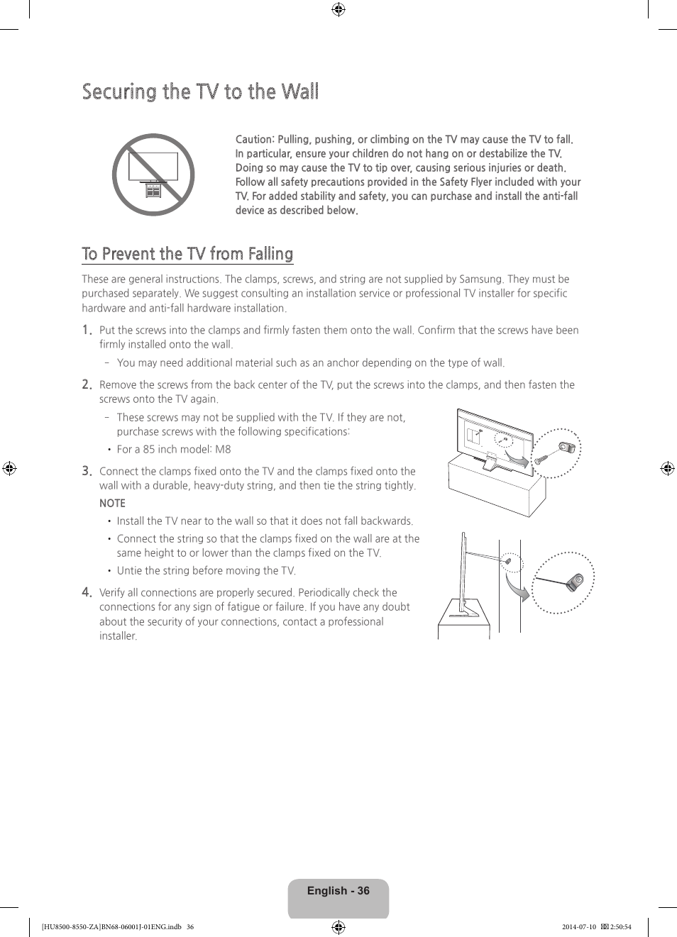 Securing the tv to the wall | Samsung UN85HU8550FXZA User Manual | Page 36 / 39