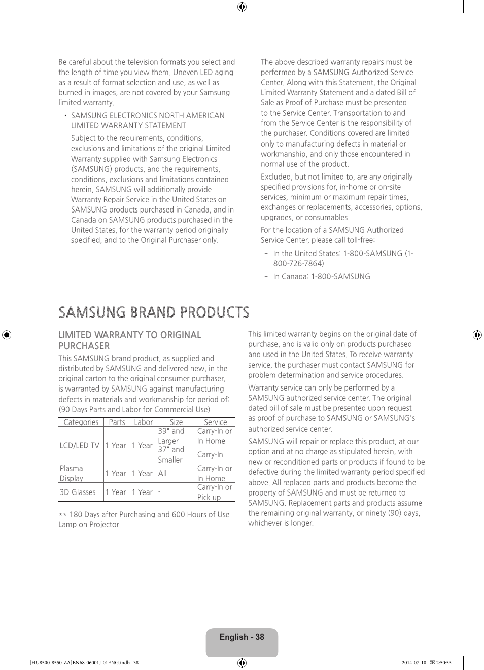Samsung brand products, Limited warranty to original purchaser | Samsung UN85HU8550FXZA User Manual | Page 38 / 39