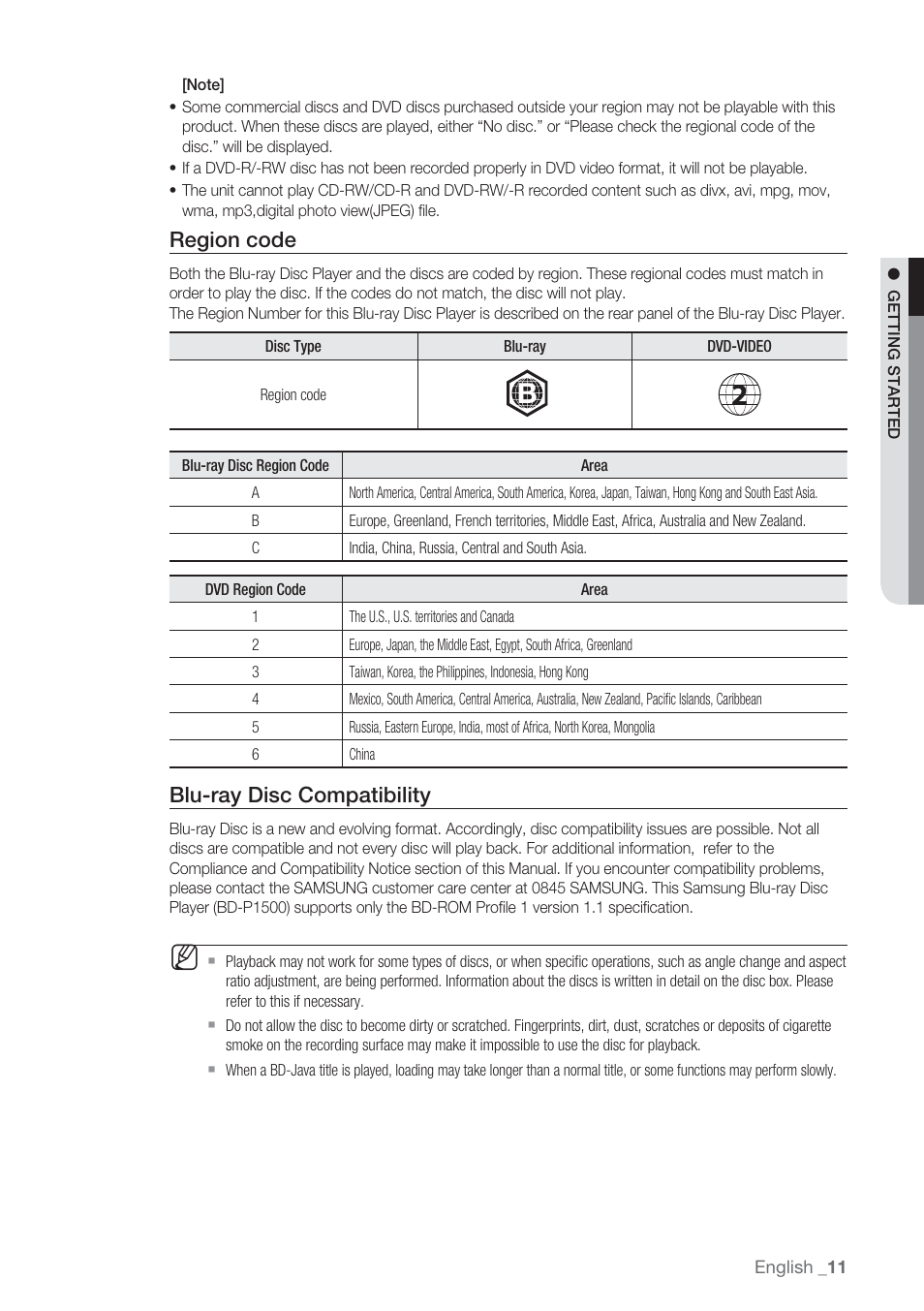 Region code, Blu-ray disc compatibility | Samsung BD-P1500-XAA User Manual | Page 11 / 67