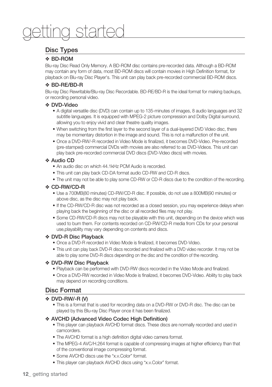 Getting started, Disc types, Disc format | Samsung BD-P1500-XAA User Manual | Page 12 / 67