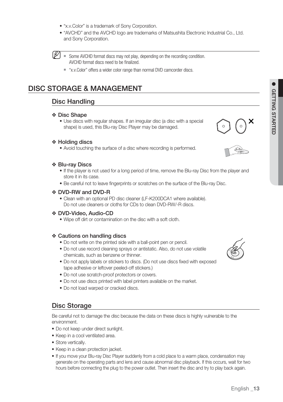 Disc storage & management, Disc handling, Disc storage | Samsung BD-P1500-XAA User Manual | Page 13 / 67