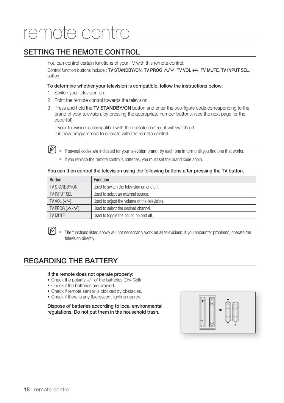 Setting the remote control, Regarding the battery, Remote control | Samsung BD-P1500-XAA User Manual | Page 18 / 67